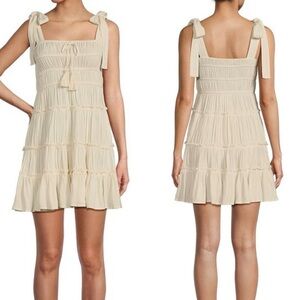 C&V Chelsea & Violet Ivory Tiered Tie Shoulder Mini Dress Boho Size M